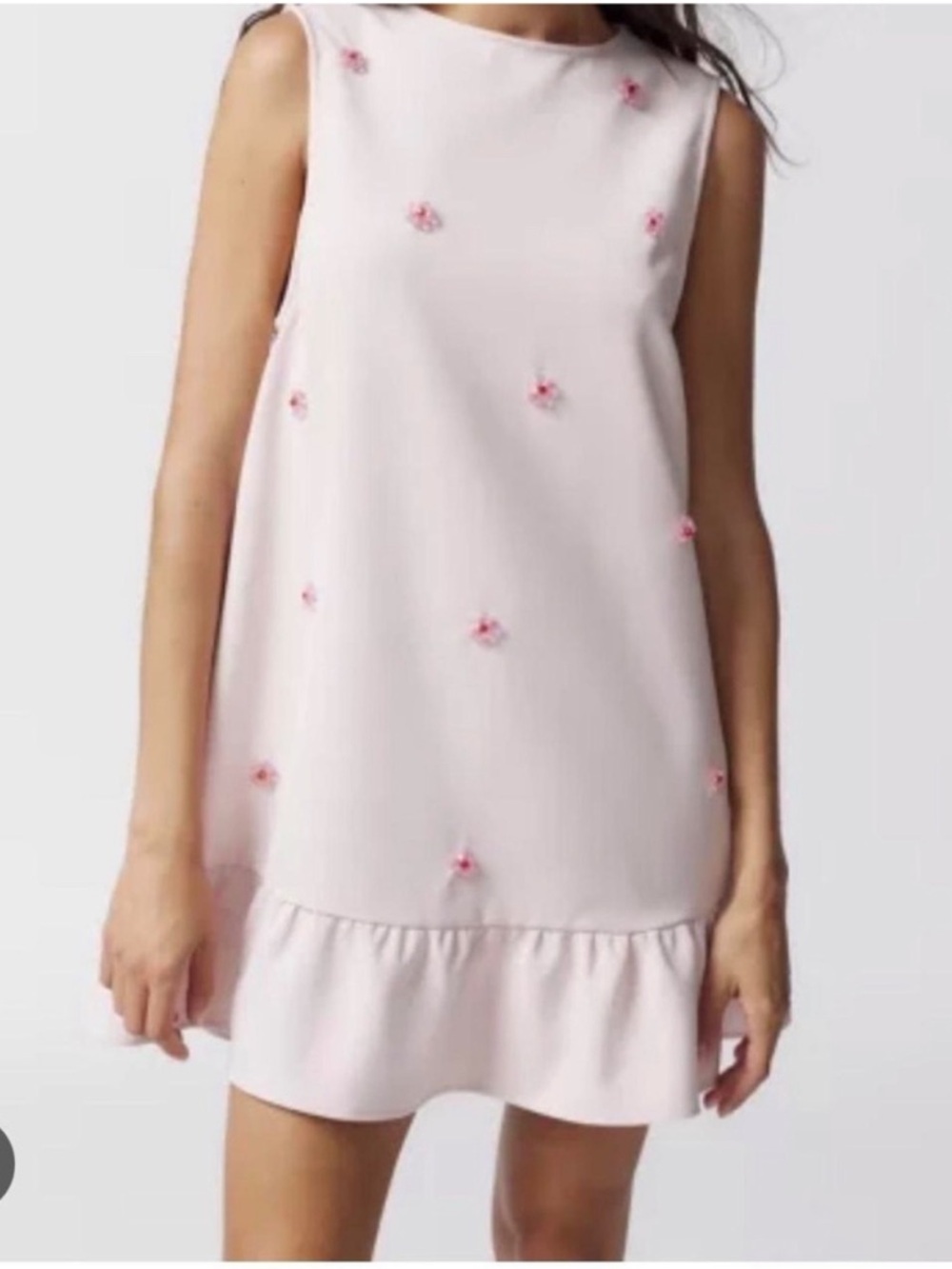 Sister Jane Light Pink Sleeveless Ruffle Hem Dress with Floral Embellishments, M